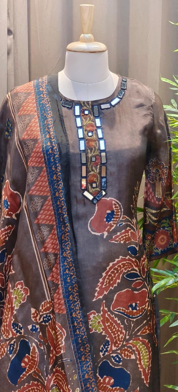 Premium Crepe Printed Suit Set With Real Mirror-Work Neckline, Designer Sleeves & Matching Dupatta-12810,12808