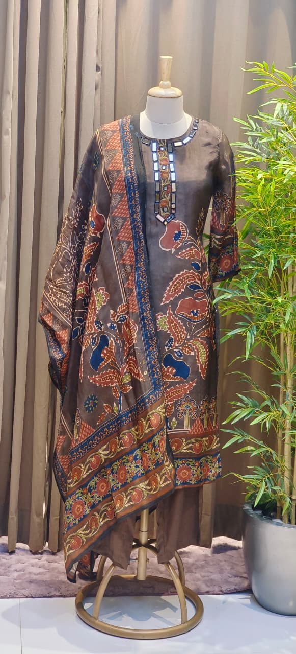 Premium Crepe Printed Suit Set With Real Mirror-Work Neckline, Designer Sleeves & Matching Dupatta-12810,12808