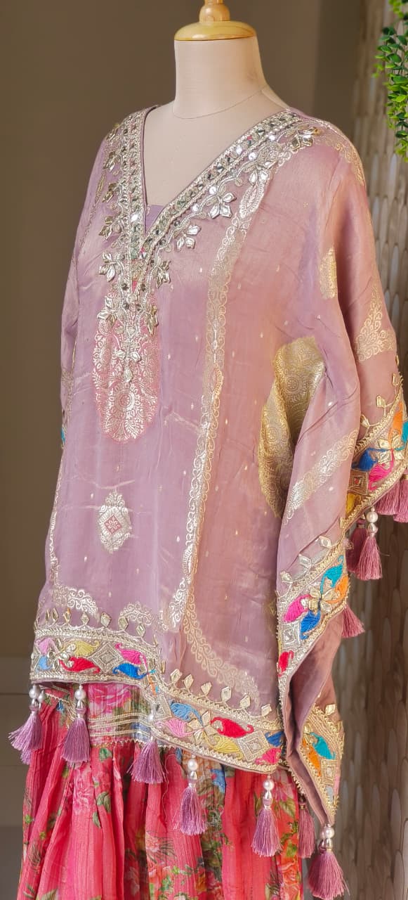 Multicolor Gotta Work Golden Brocade Embellishment Heavily Tasseled Kaftan With Floral Printed Gotta Lace Work Sharara Flared Bottom & Matching Bottom Potli- 12494, 12495