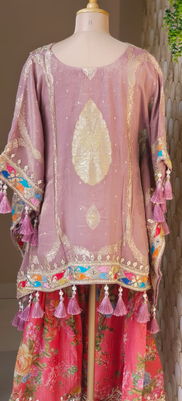 Multicolor Gotta Work Golden Brocade Embellishment Heavily Tasseled Kaftan With Floral Printed Gotta Lace Work Sharara Flared Bottom & Matching Bottom Potli- 12494, 12495