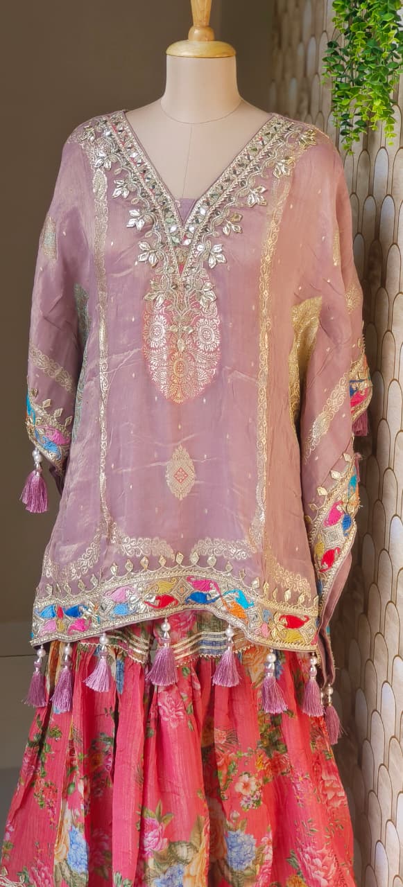 Multicolor Gotta Work Golden Brocade Embellishment Heavily Tasseled Kaftan With Floral Printed Gotta Lace Work Sharara Flared Bottom & Matching Bottom Potli- 12494, 12495