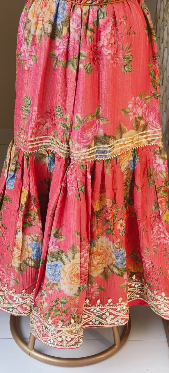 Multicolor Gotta Work Golden Brocade Embellishment Heavily Tasseled Kaftan With Floral Printed Gotta Lace Work Sharara Flared Bottom & Matching Bottom Potli- 12494, 12495