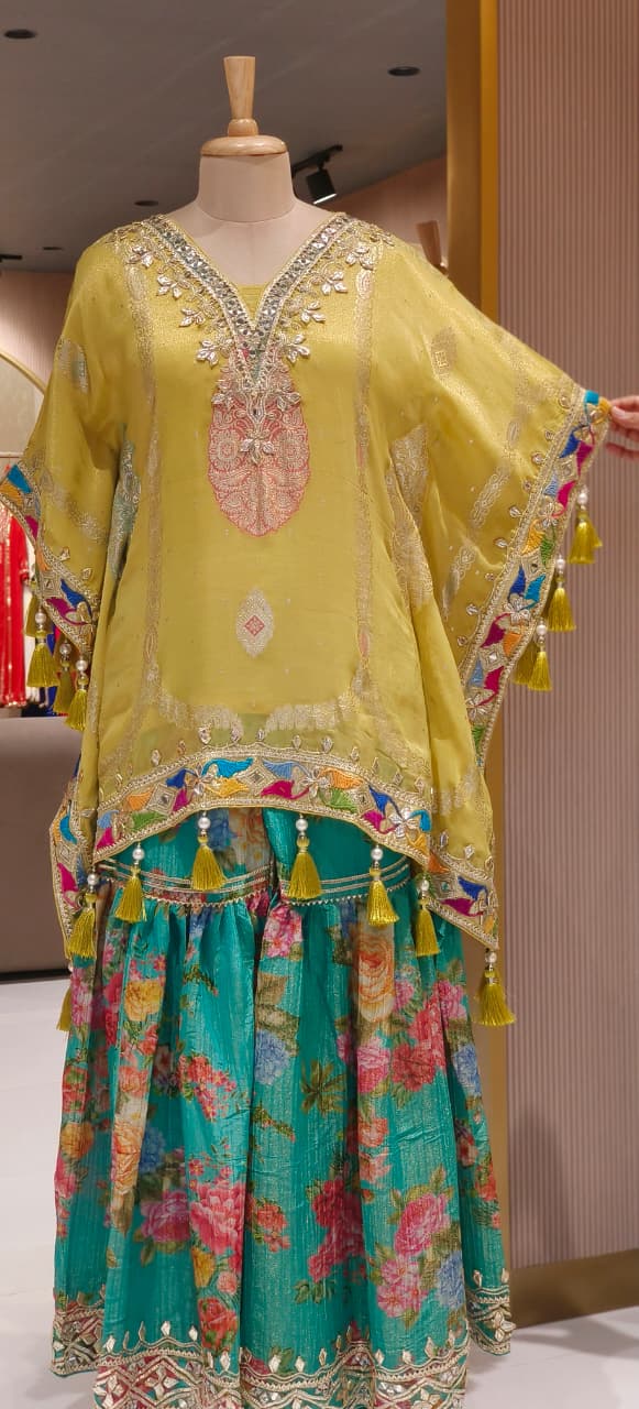 Multicolor Gotta Work Golden Brocade Embellishment Heavily Tasseled Kaftan With Floral Printed Gotta Lace Work Sharara Flared Bottom & Matching Bottom Potli- 12494, 12495