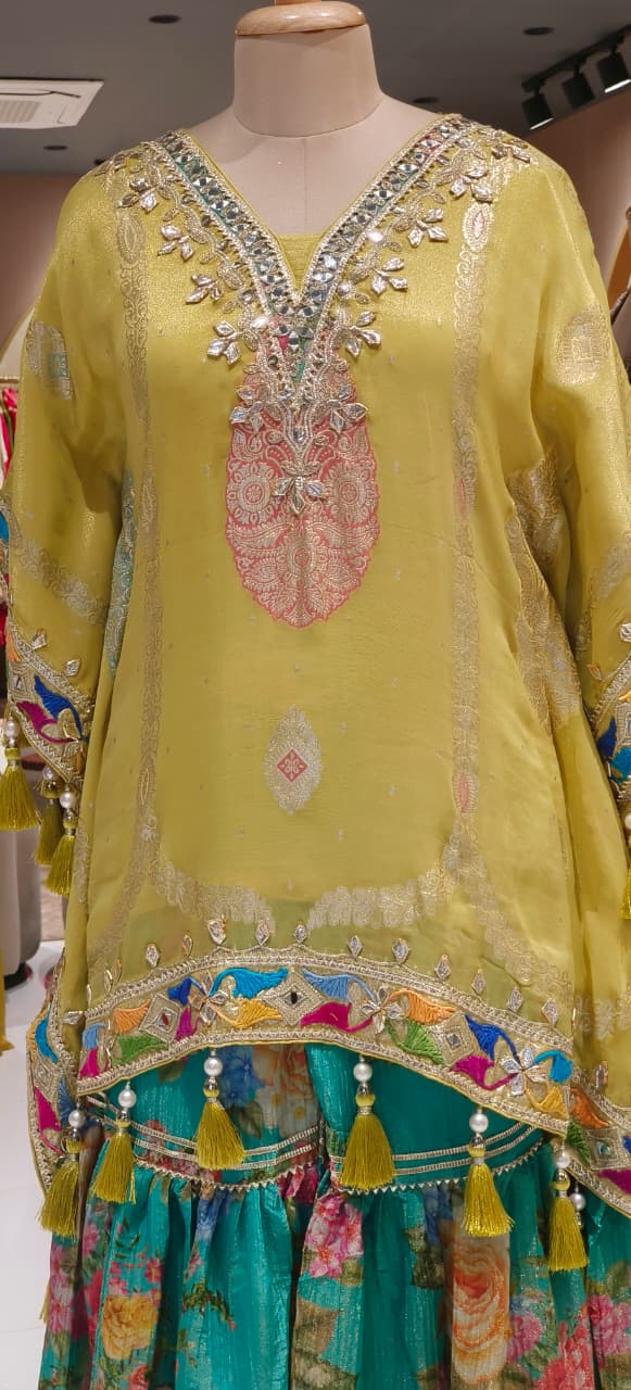 Multicolor Gotta Work Golden Brocade Embellishment Heavily Tasseled Kaftan With Floral Printed Gotta Lace Work Sharara Flared Bottom & Matching Bottom Potli- 12494, 12495