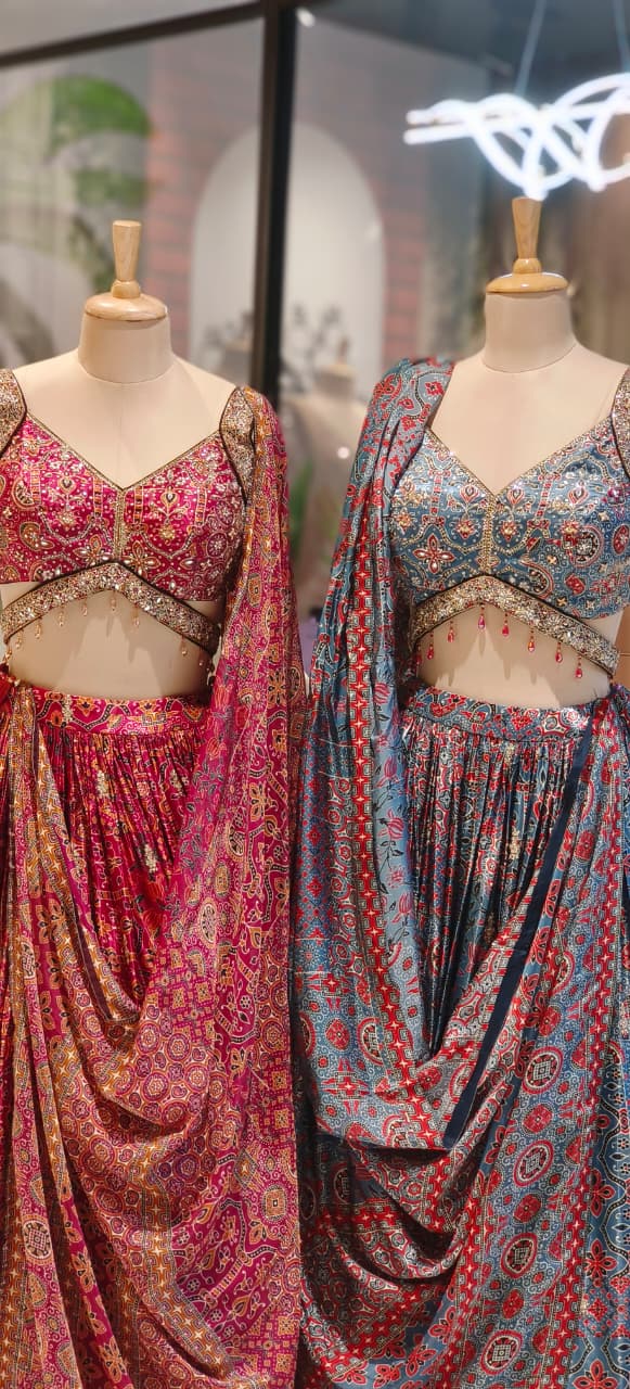 Designer Premium Pure Fabric Gajji Silk Sleeveless Blouse With Flared Lehenga (Cane-Cane Inside) & Printed Dupatta (Separate Sleeves)-12660