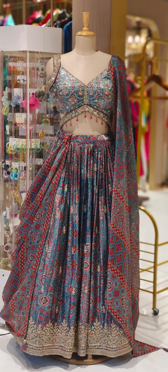 Designer Premium Pure Fabric Gajji Silk Sleeveless Blouse With Flared Lehenga (Cane-Cane Inside) & Printed Dupatta (Separate Sleeves)-12660