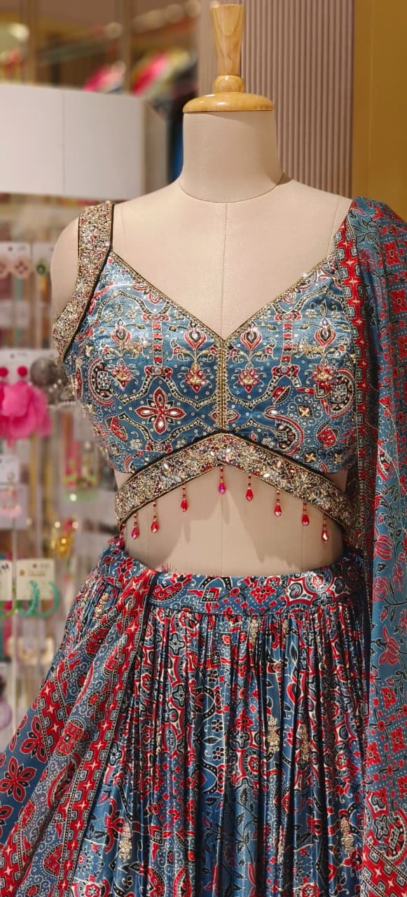 Designer Premium Pure Fabric Gajji Silk Sleeveless Blouse With Flared Lehenga (Cane-Cane Inside) & Printed Dupatta (Separate Sleeves)-12660