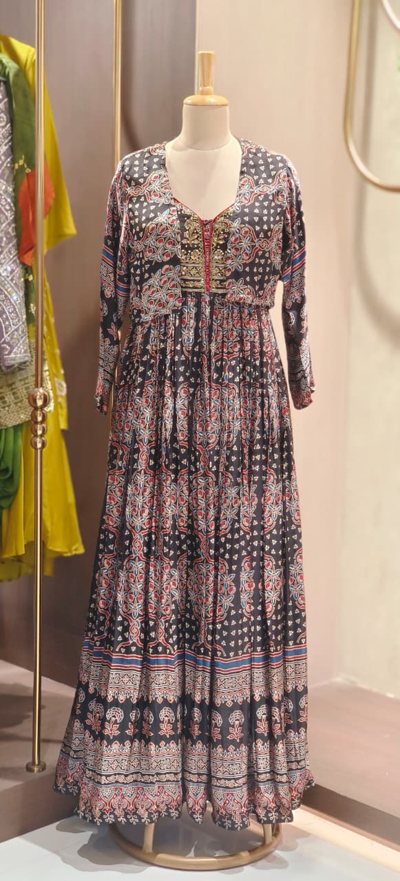 Beautiful Neckline Ajrak Print Tiny Foil Upwork Flared Sleeveless Gown With Detachable Jacket & Scarf- 12760
