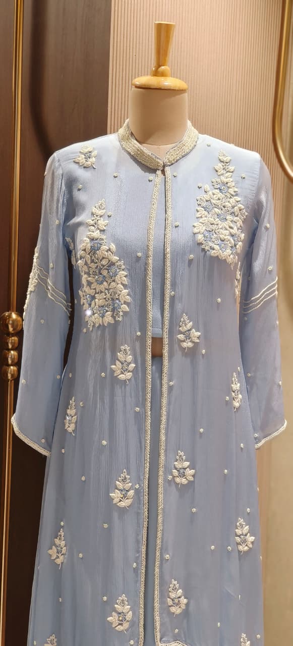 Designer Chinon Three-Piece Indo-Western Ensemble Featuring Floral Embroidered Jacket, Stylish Bustier & Palazzo Pants-12720,12721