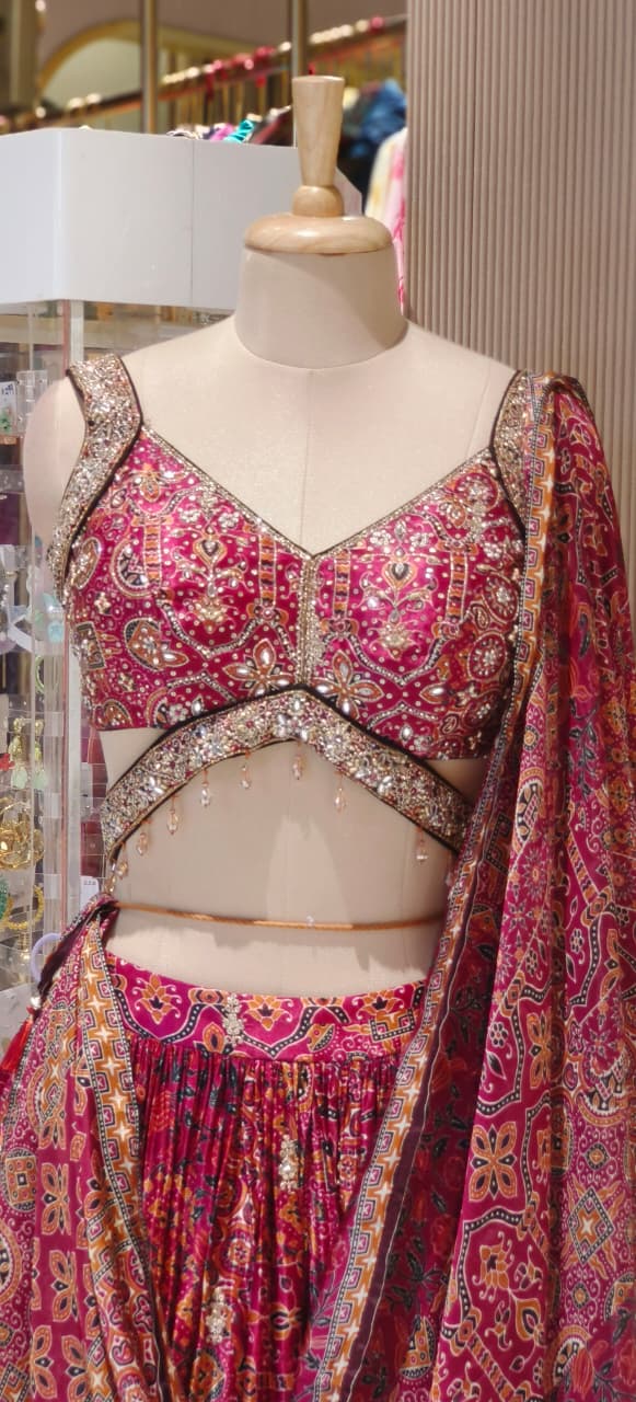 Designer Premium Pure Fabric Gajji Silk Sleeveless Blouse With Flared Lehenga (Cane-Cane Inside) & Printed Dupatta (Separate Sleeves)-12660