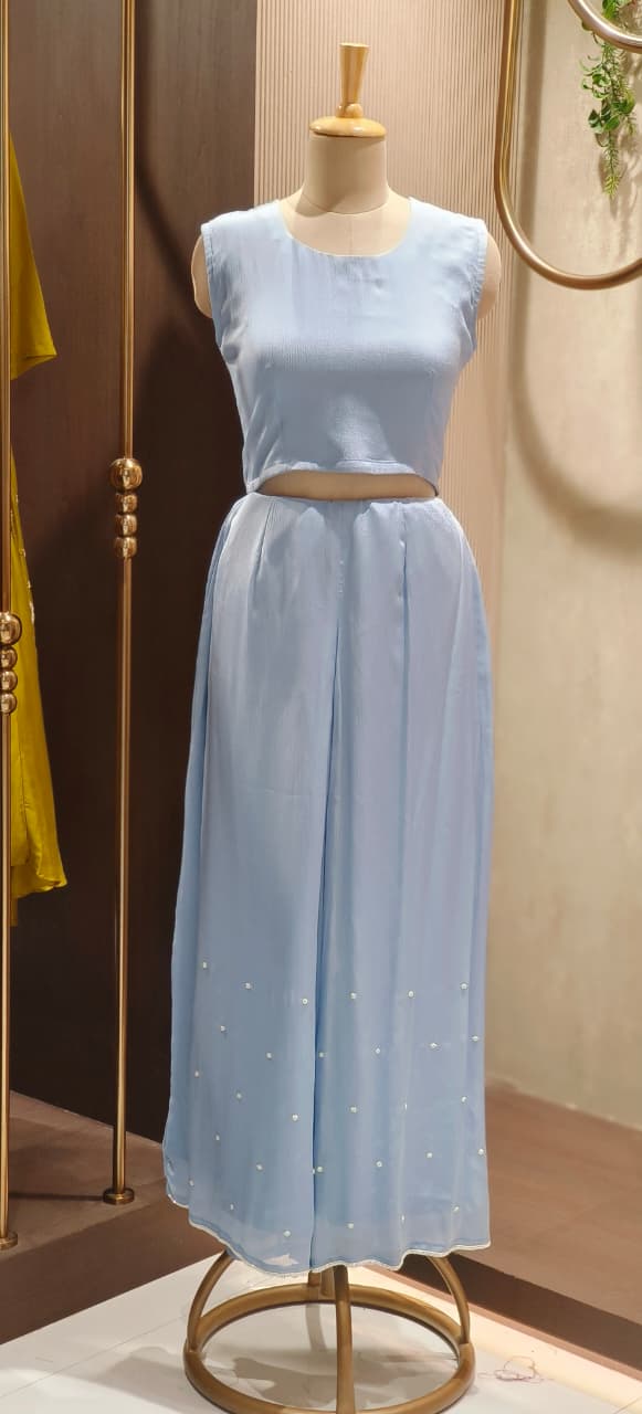 Designer Chinon Three-Piece Indo-Western Ensemble Featuring Floral Embroidered Jacket, Stylish Bustier & Palazzo Pants-12720,12721