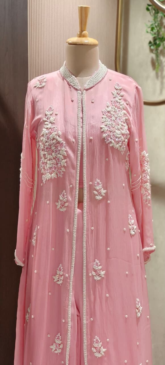 Designer Chinon Three-Piece Indo-Western Ensemble Featuring Floral Embroidered Jacket, Stylish Bustier & Palazzo Pants-12720,12721