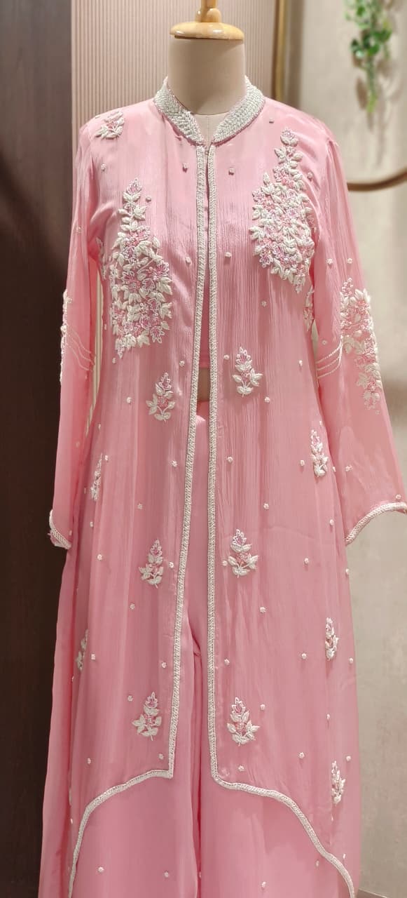 Designer Chinon Three-Piece Indo-Western Ensemble Featuring Floral Embroidered Jacket, Stylish Bustier & Palazzo Pants-12720,12721