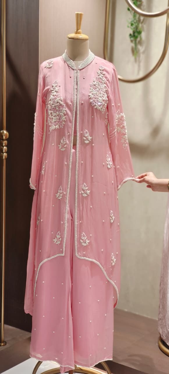 Designer Chinon Three-Piece Indo-Western Ensemble Featuring Floral Embroidered Jacket, Stylish Bustier & Palazzo Pants-12720,12721