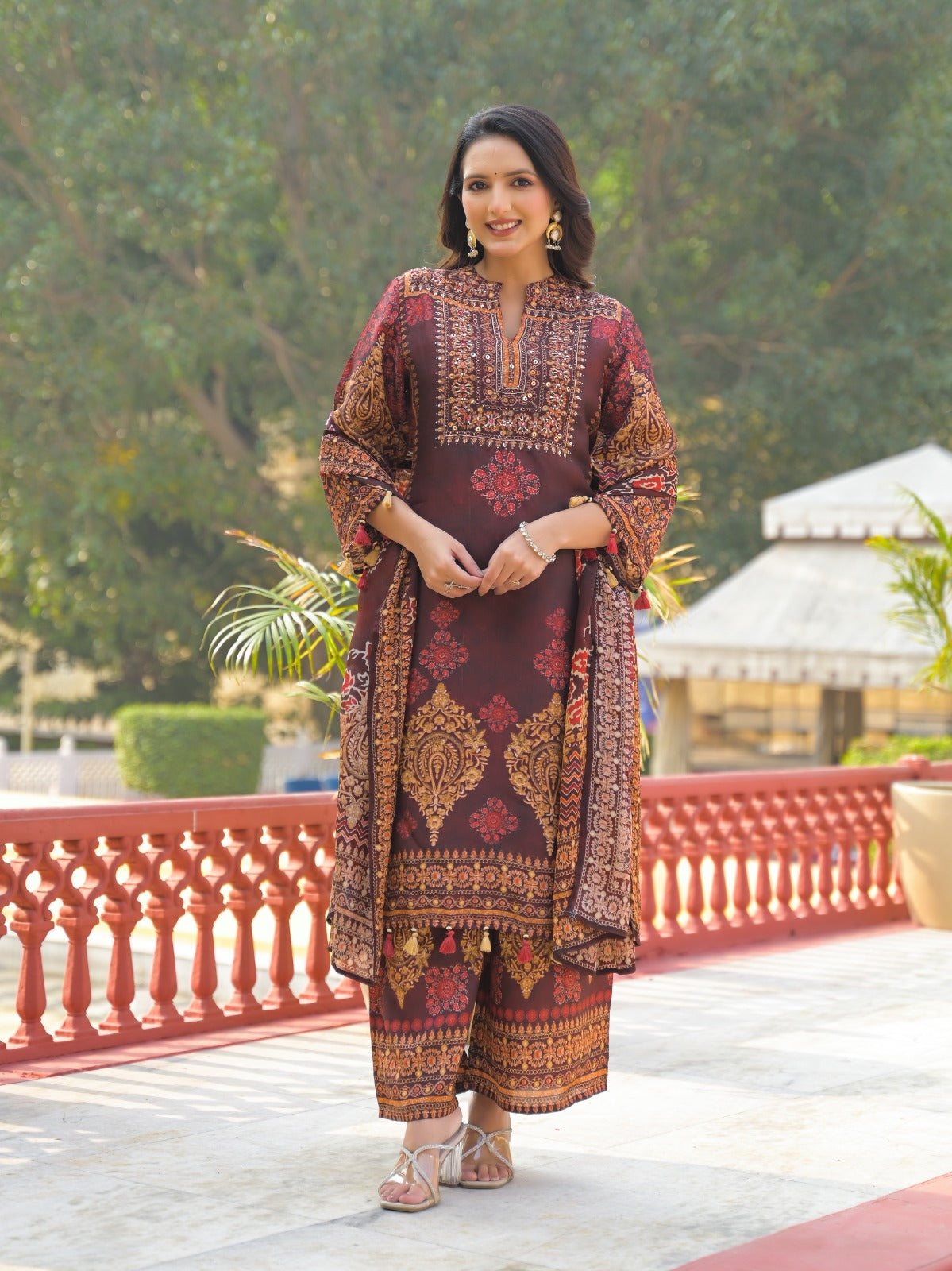 Placement Print Mandarin Collar Full Suit Set With Dupatta & Loose Palazzo Bottom In Dola Silk-10804