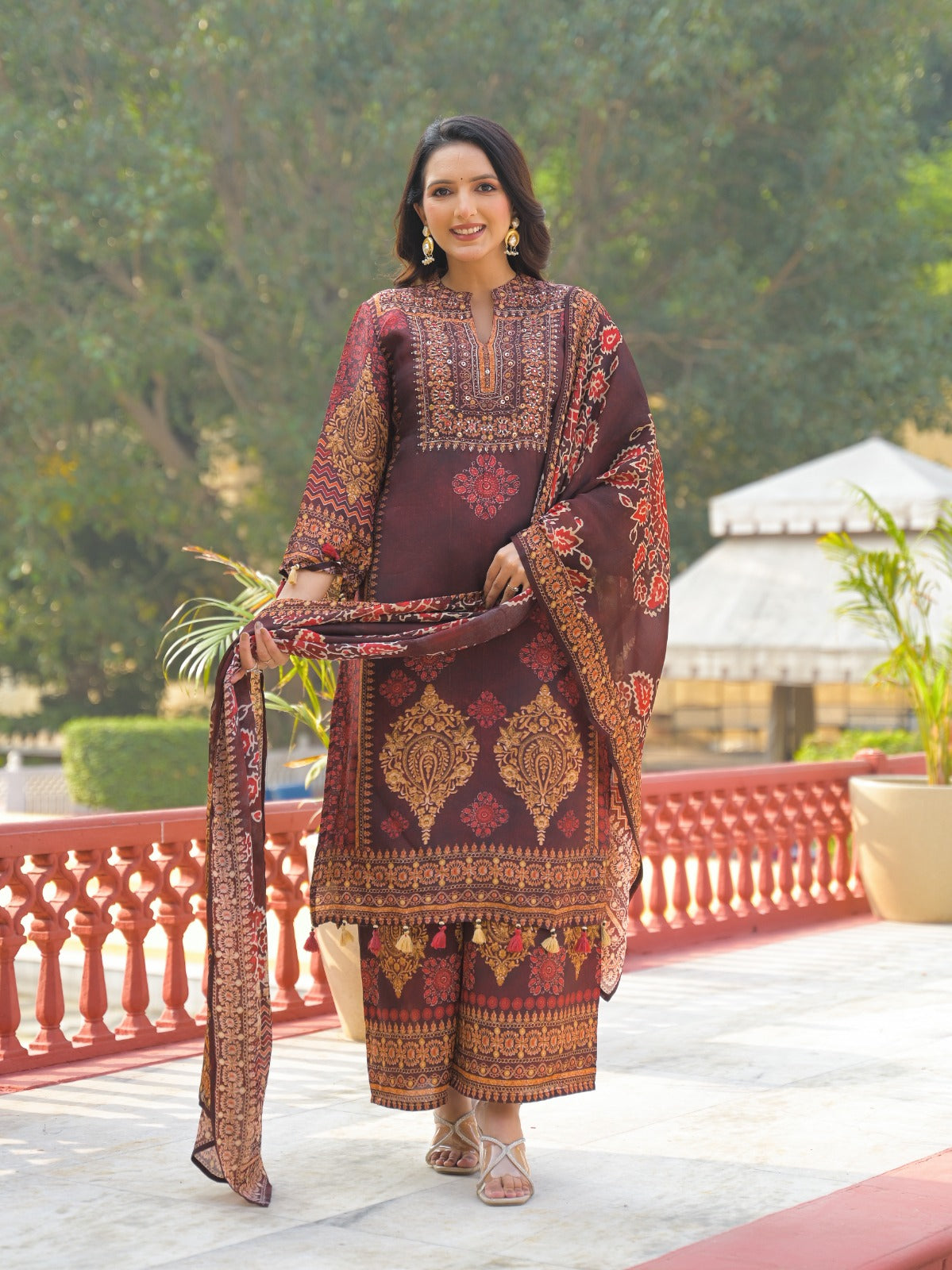 Placement Print Mandarin Collar Full Suit Set With Dupatta & Loose Palazzo Bottom In Dola Silk-10804