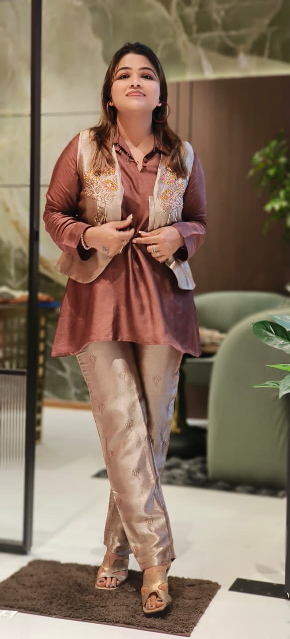 Premium Look Multicolor Floral Thread Work Outer With Kurta Pant In Banarasi Tissue Fabric- 12871