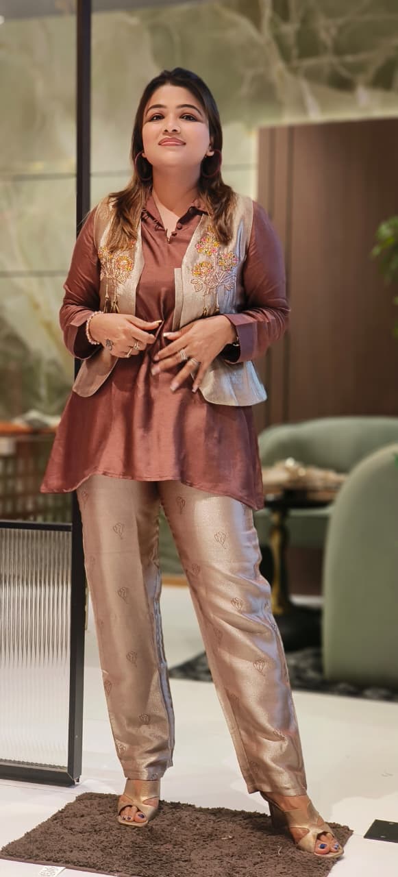 Premium Look Multicolor Floral Thread Work Outer With Kurta Pant In Banarasi Tissue Fabric- 12871