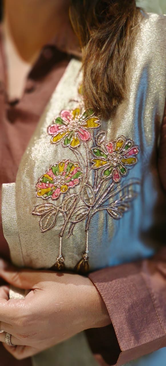 Premium Look Multicolor Floral Thread Work Outer With Kurta Pant In Banarasi Tissue Fabric- 12871