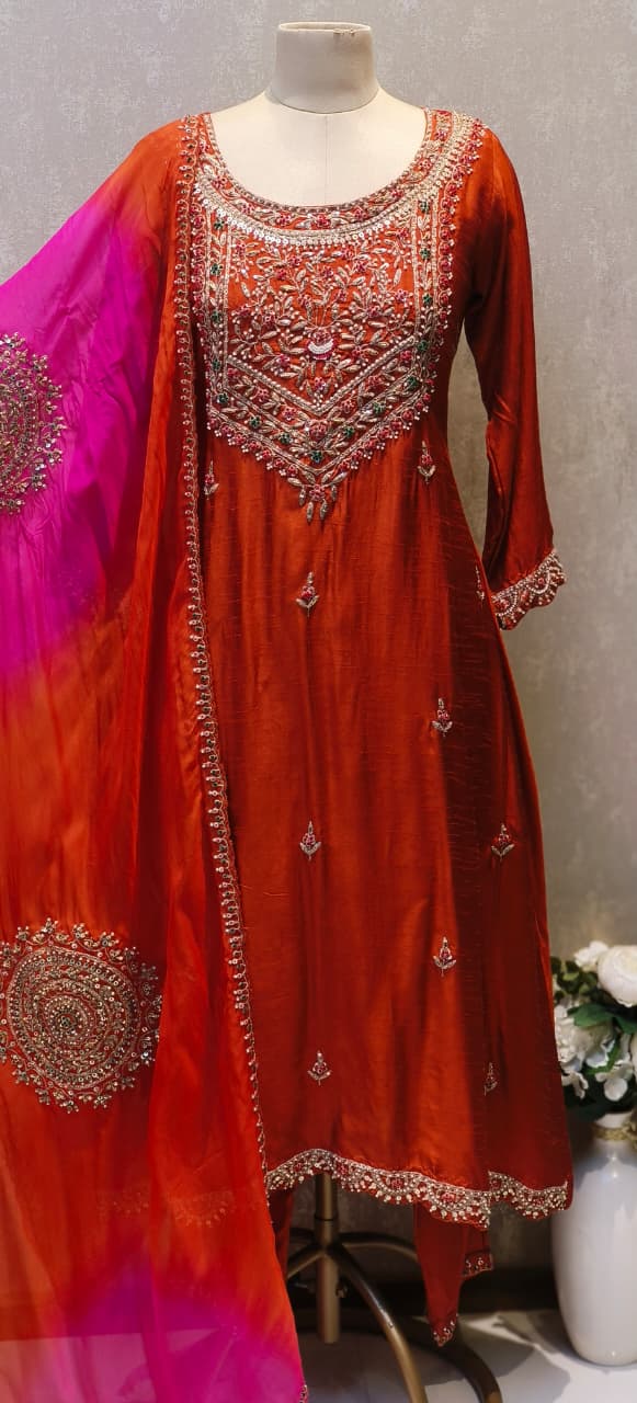 Grand Front Work A-Line Full Suit Set With Heavily Work Dual-Tone Dupatta In Dola Silk Fabric- 12791, 12792