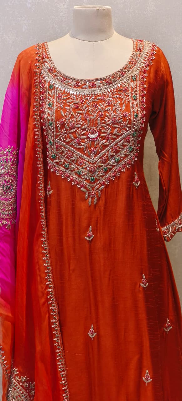 Grand Front Work A-Line Full Suit Set With Heavily Work Dual-Tone Dupatta In Dola Silk Fabric- 12791, 12792