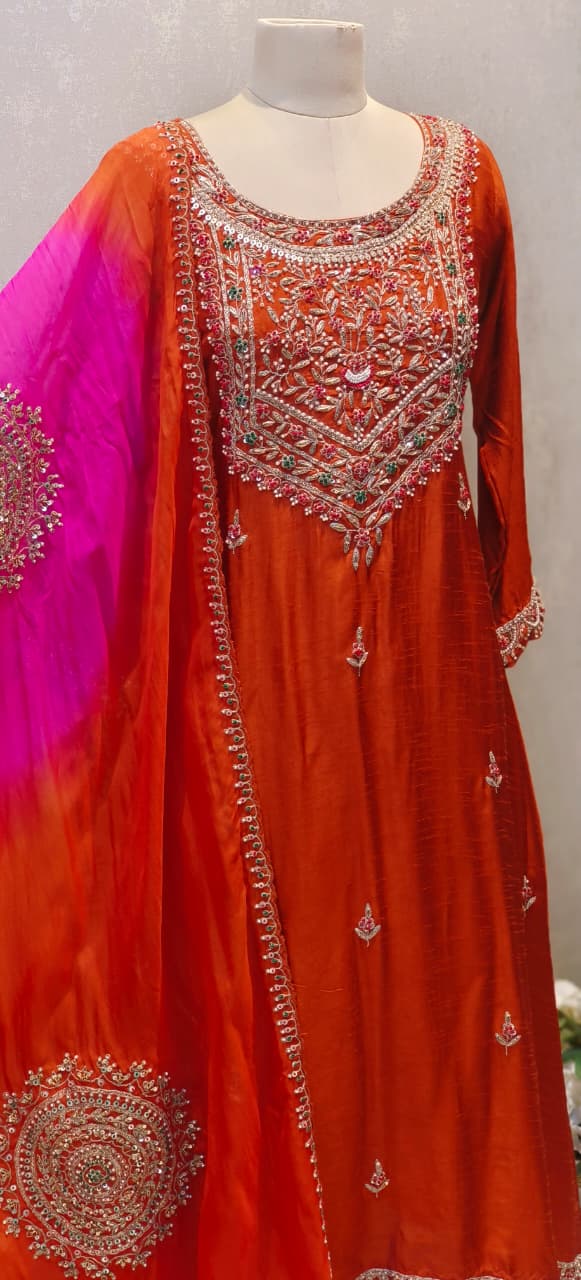 Grand Front Work A-Line Full Suit Set With Heavily Work Dual-Tone Dupatta In Dola Silk Fabric- 12791, 12792