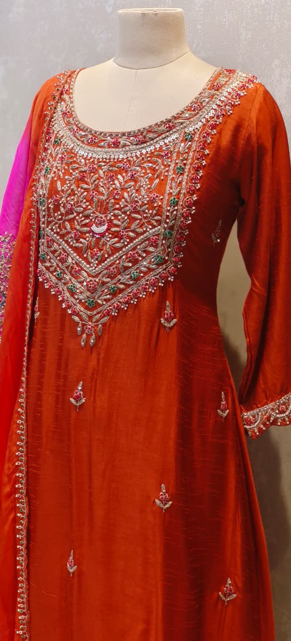 Grand Front Work A-Line Full Suit Set With Heavily Work Dual-Tone Dupatta In Dola Silk Fabric- 12791, 12792