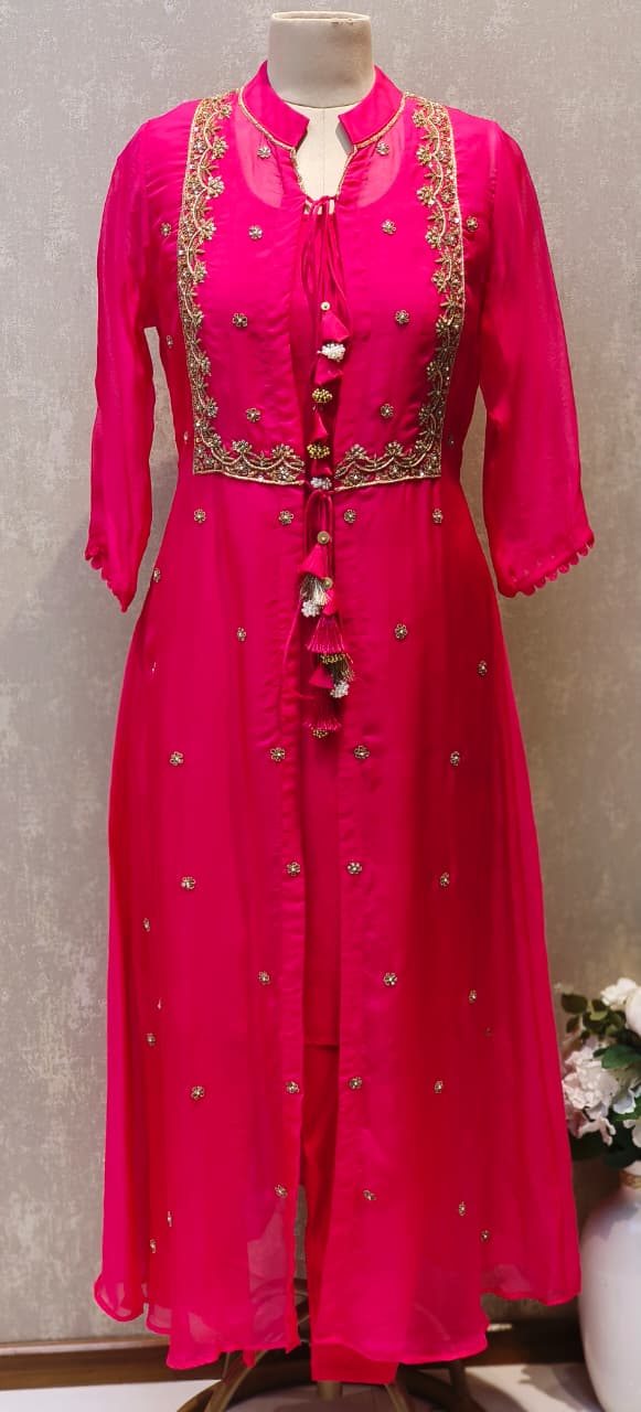 Co-Ordinated Neck Line Pearl Tassel Fronted Slitted Long Organza Outer With Kurta Pant Set In Silk Fabric- 12776, 12775, 12774