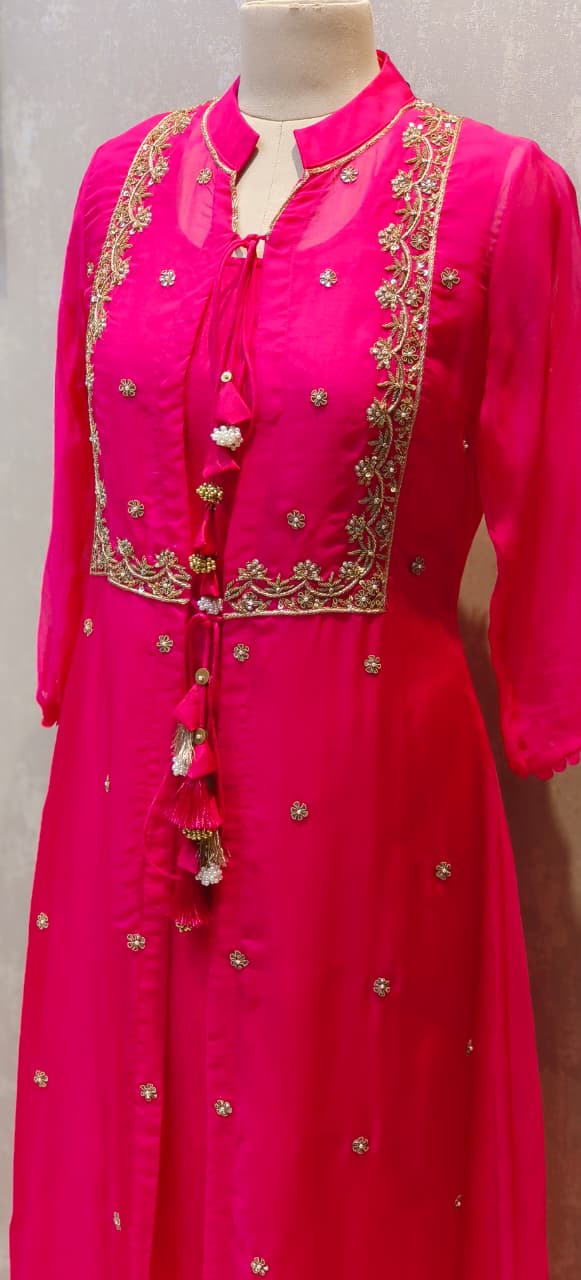 Co-Ordinated Neck Line Pearl Tassel Fronted Slitted Long Organza Outer With Kurta Pant Set In Silk Fabric- 12776, 12775, 12774