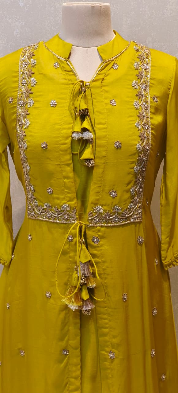 Co-Ordinated Neck Line Pearl Tassel Fronted Slitted Long Organza Outer With Kurta Pant Set In Silk Fabric- 12776, 12775, 12774