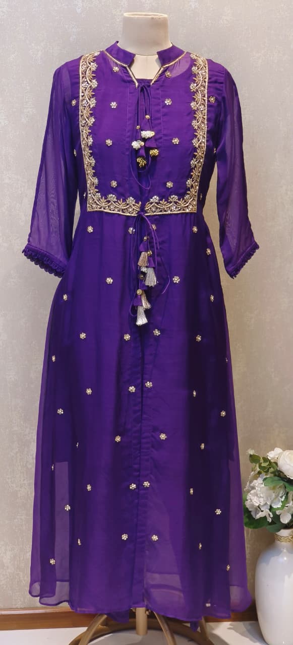 Co-Ordinated Neck Line Pearl Tassel Fronted Slitted Long Organza Outer With Kurta Pant Set In Silk Fabric- 12776, 12775, 12774