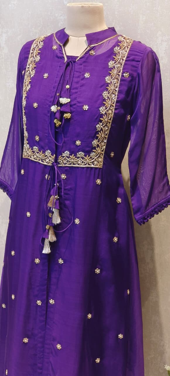 Co-Ordinated Neck Line Pearl Tassel Fronted Slitted Long Organza Outer With Kurta Pant Set In Silk Fabric- 12776, 12775, 12774