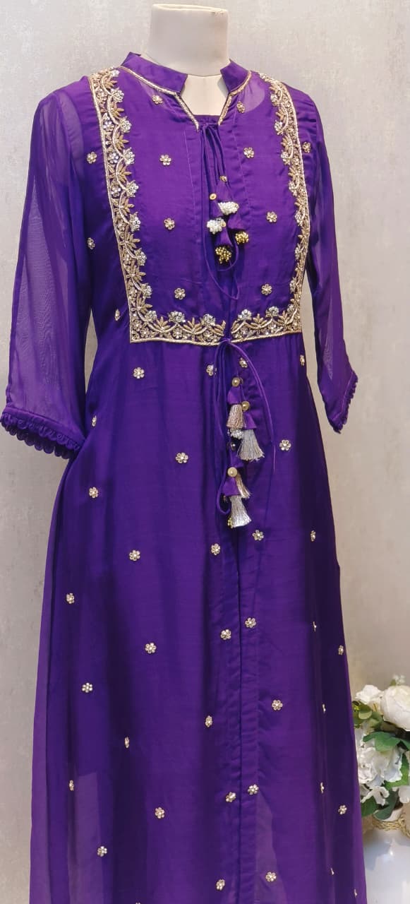 Co-Ordinated Neck Line Pearl Tassel Fronted Slitted Long Organza Outer With Kurta Pant Set In Silk Fabric- 12776, 12775, 12774