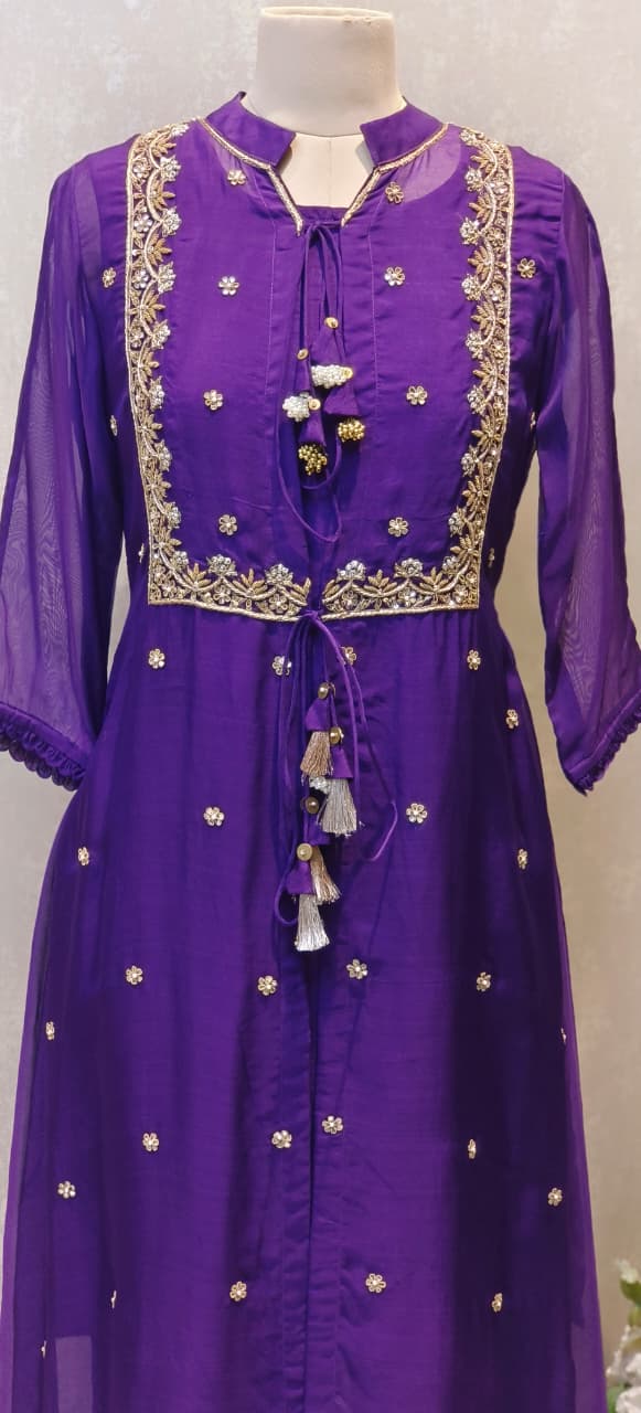 Co-Ordinated Neck Line Pearl Tassel Fronted Slitted Long Organza Outer With Kurta Pant Set In Silk Fabric- 12776, 12775, 12774