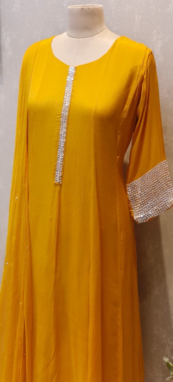 Chinon Anarkali Tiny Shimmery Sequin Work In Neck & Sleeve Borders Full Suit Set With Dupatta