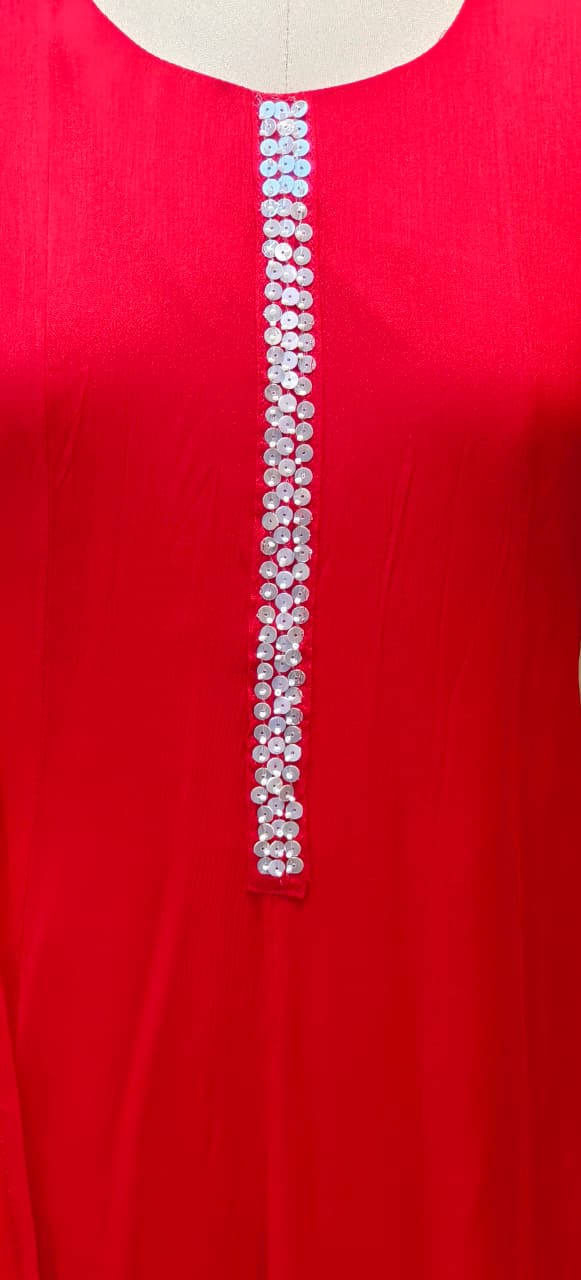 Chinon Anarkali Tiny Shimmery Sequin Work In Neck & Sleeve Borders Full Suit Set With Dupatta