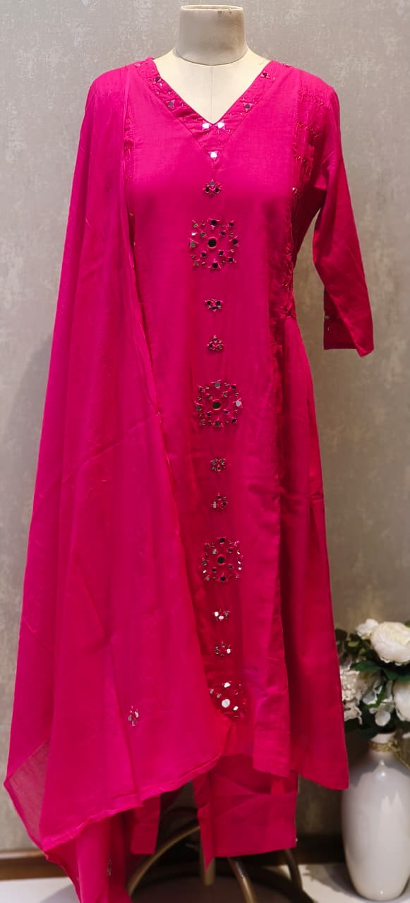 Real Mirror Thread Upwork A-Line Full Suit Set With Dupatta In Mul Cotton Fabric-12863,12864
