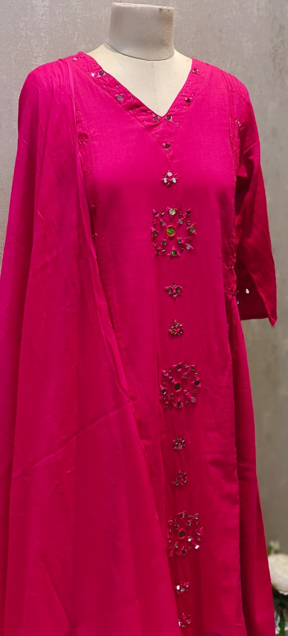 Real Mirror Thread Upwork A-Line Full Suit Set With Dupatta In Mul Cotton Fabric-12863,12864