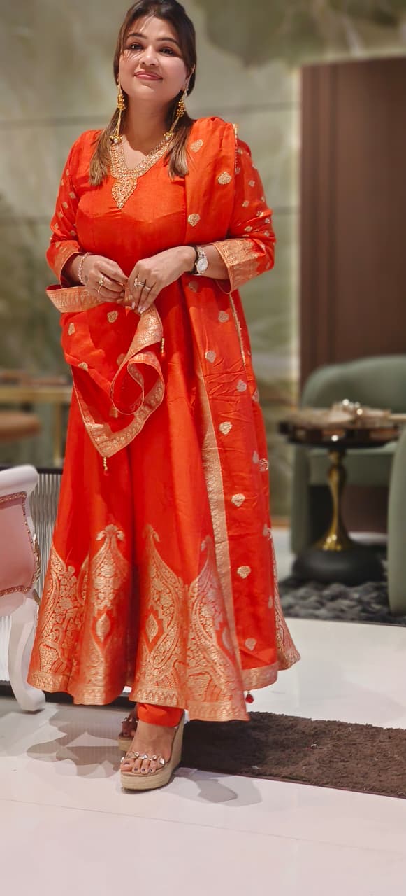 V-Neck Line Minimal Hand Work Banarasi Touch Panel Vibrant Anarkali Full Suit Set With Dupatta In Dola Silk Fabric- 12830, 12831, 12832