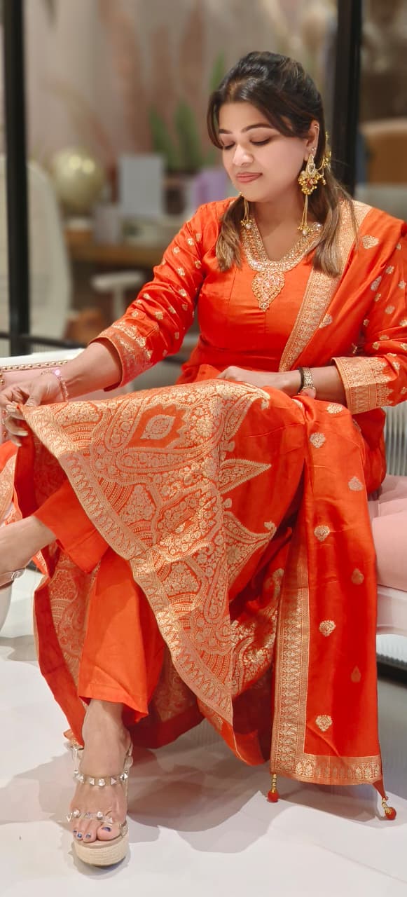 V-Neck Line Minimal Hand Work Banarasi Touch Panel Vibrant Anarkali Full Suit Set With Dupatta In Dola Silk Fabric- 12830, 12831, 12832