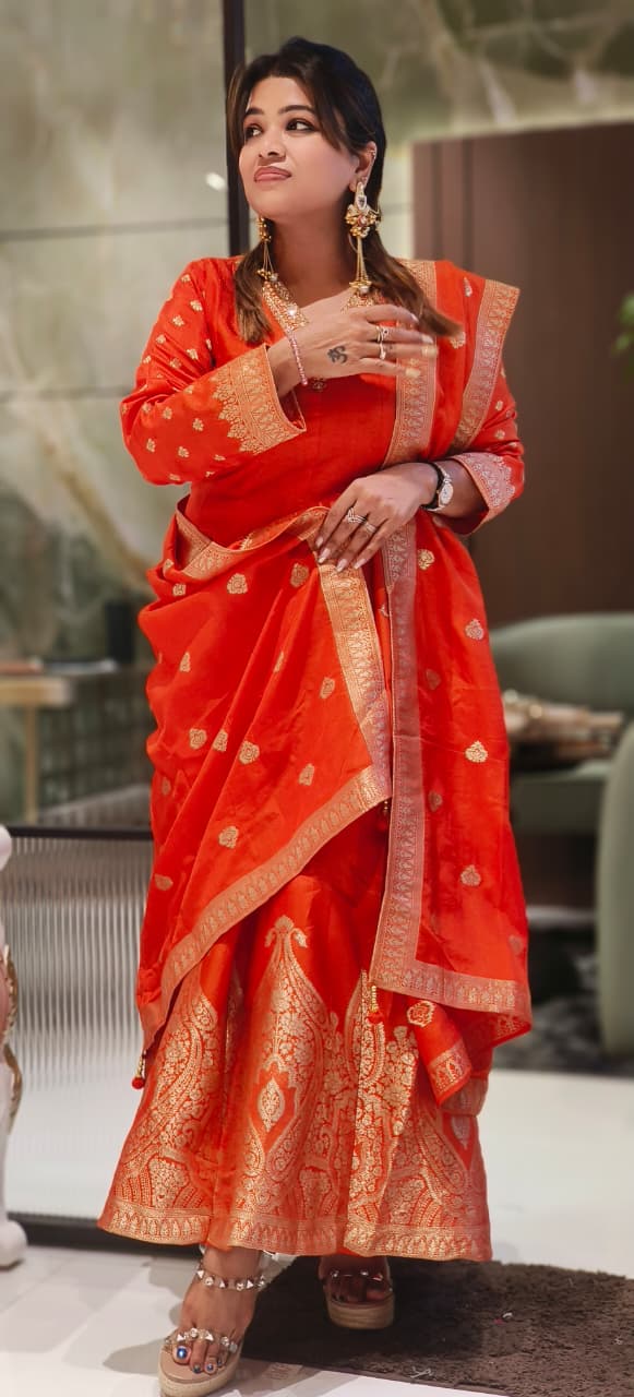 V-Neck Line Minimal Hand Work Banarasi Touch Panel Vibrant Anarkali Full Suit Set With Dupatta In Dola Silk Fabric- 12830, 12831, 12832