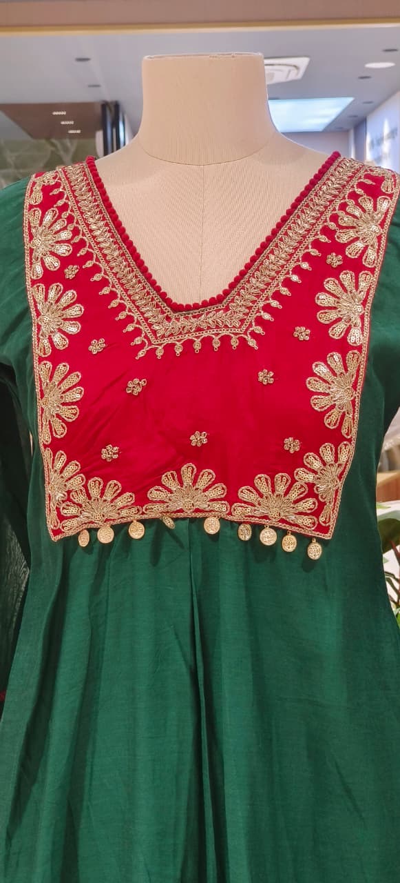 Mulchanderi Zarina Coin Tasseled Yoke A-Line Full Suit Set With Golden Striped Tissue Dupatta- 12875