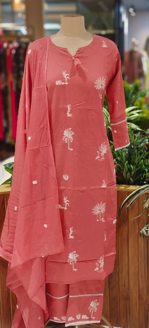 Tree Thread Embroidered Unique Neck Line Solid Cotton Full Suit Set With Dupatta