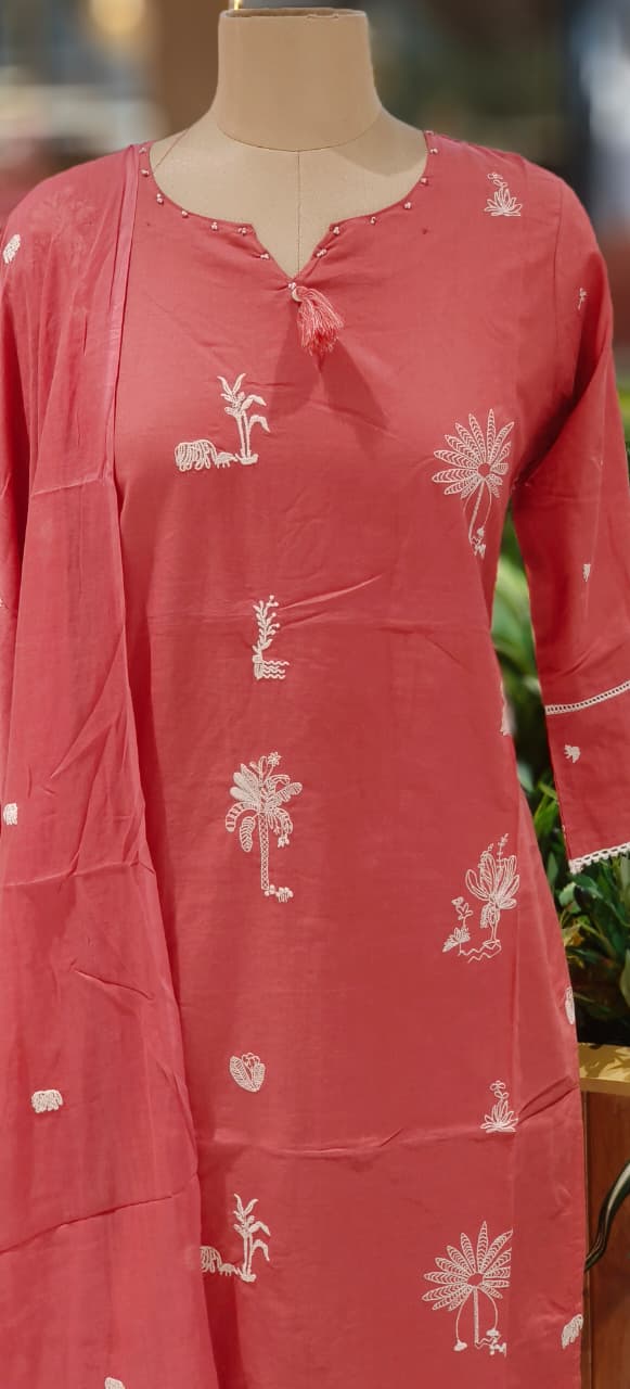 Tree Thread Embroidered Unique Neck Line Solid Cotton Full Suit Set With Dupatta