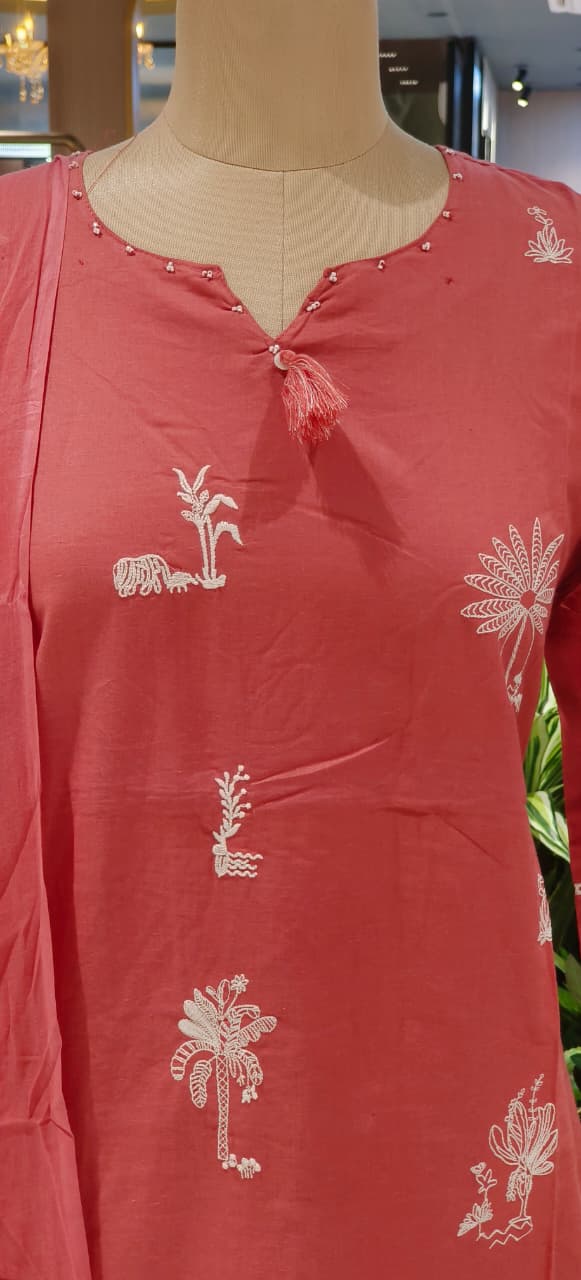 Tree Thread Embroidered Unique Neck Line Solid Cotton Full Suit Set With Dupatta