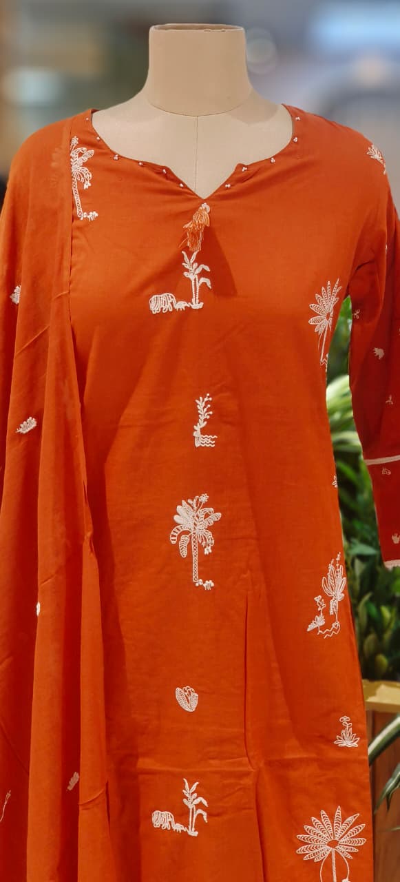 Tree Thread Embroidered Unique Neck Line Solid Cotton Full Suit Set With Dupatta