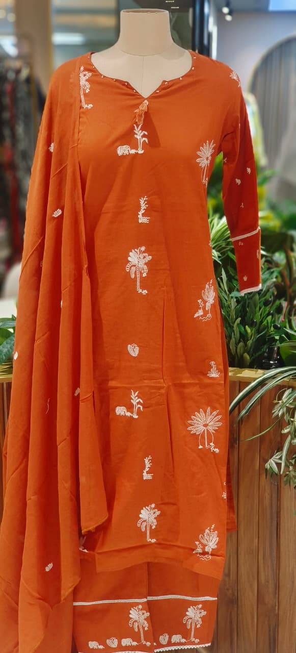 Tree Thread Embroidered Unique Neck Line Solid Cotton Full Suit Set With Dupatta
