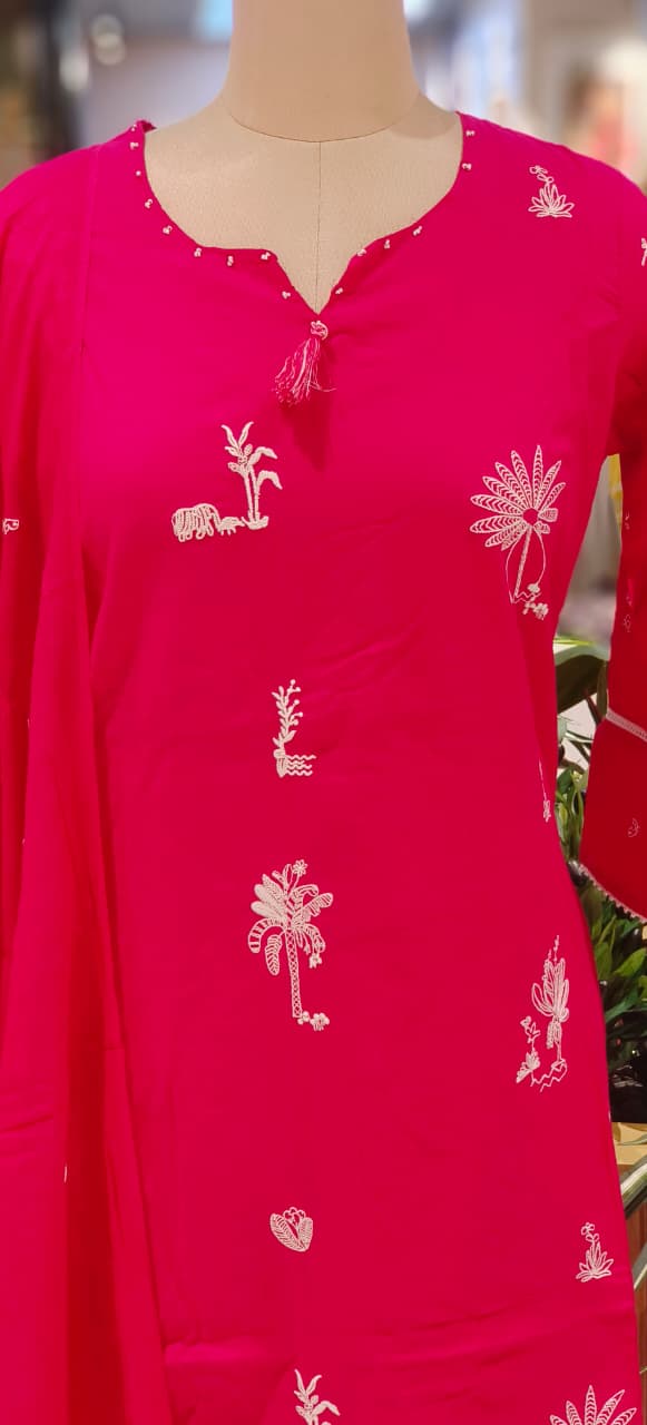 Tree Thread Embroidered Unique Neck Line Solid Cotton Full Suit Set With Dupatta