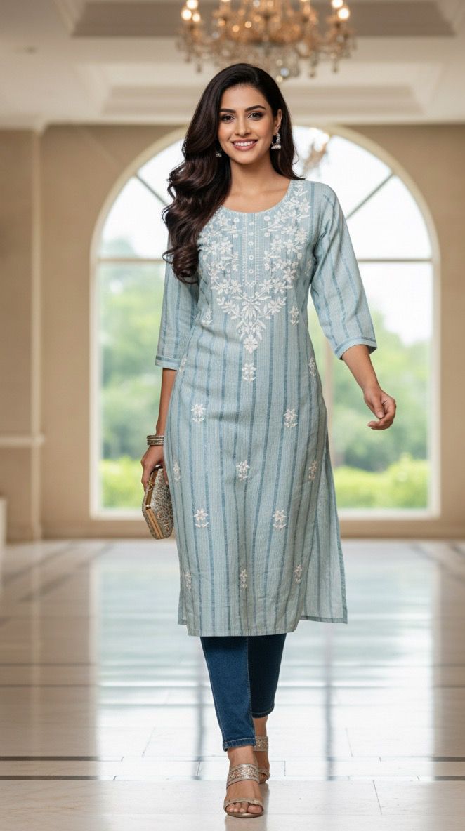 Daily Wear Comfort Fit Elegant Striped Cotton Kurti with Intricate Thread Embroidery