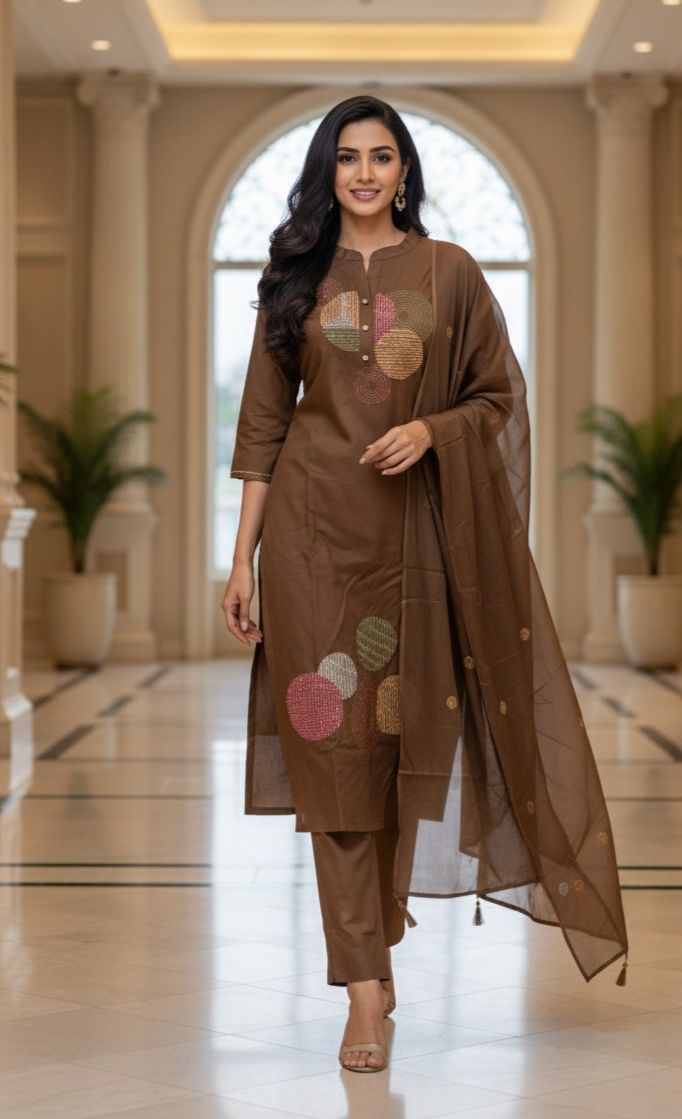 Elegant Cotton Suit Set with Multi-Coloured Circle Embroidery & Matching Dupatta and Bottom